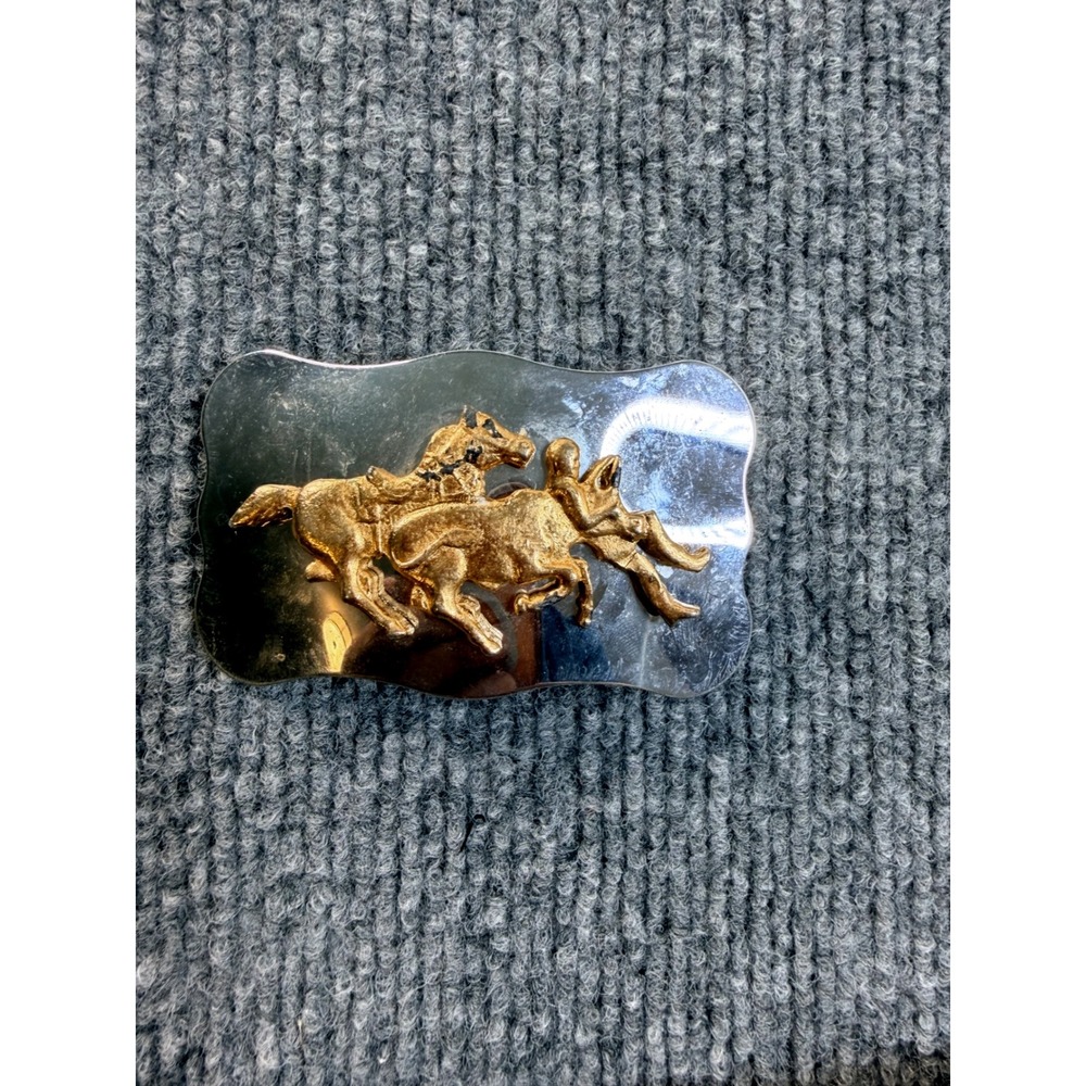 Vintage Western Belt Buckle Silver Gold Tone Bucking Bronco Cowboy Rodeo Mens 3"